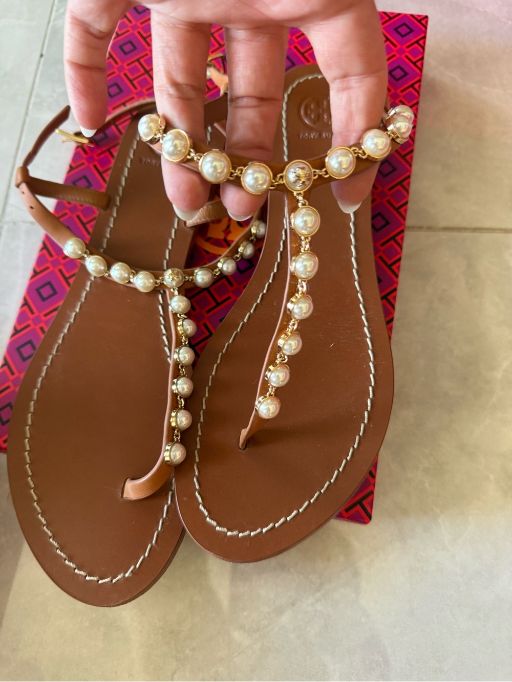 Tory Burch Brown Leather Pearl-Embellished T-Strap Sandals - Picture 3 of 7